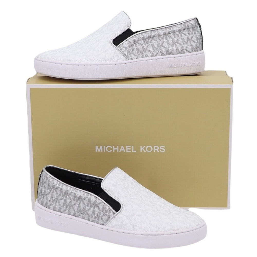 New Michael Kors 6 Keaton Signature MK Logo Slip On Sneakers White Silver